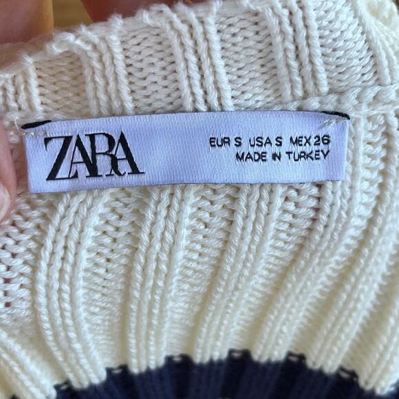 Zara Women's Navy And White Striped Cropped Distressed Sweater Size S - Picture 7 of 9